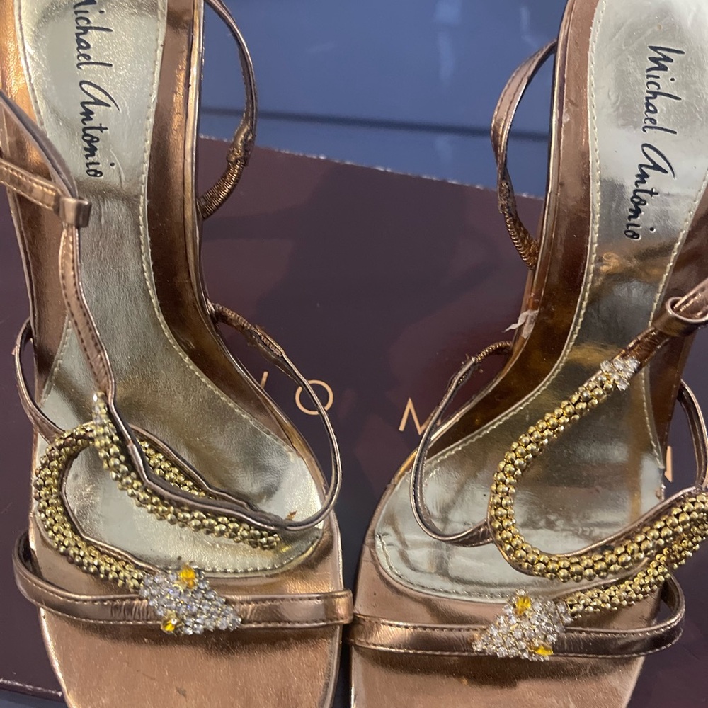 Michael Antonio Gold Brown Heels with Rhinestone Embellishments